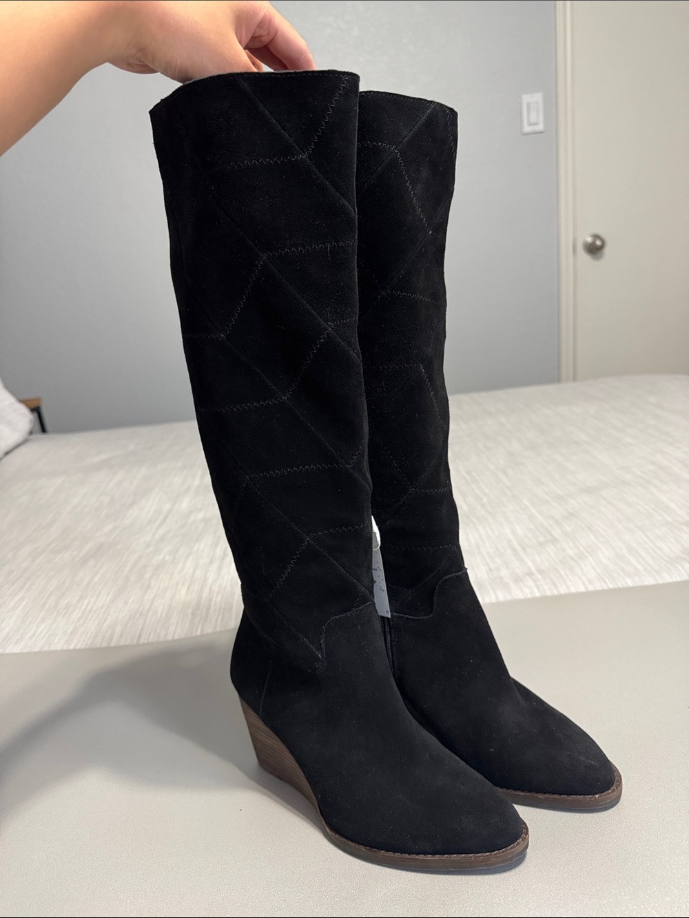 Lucky Brand Preeka Black Suede Leather Tall Wedge Boots Waterproof Like New Sz 6